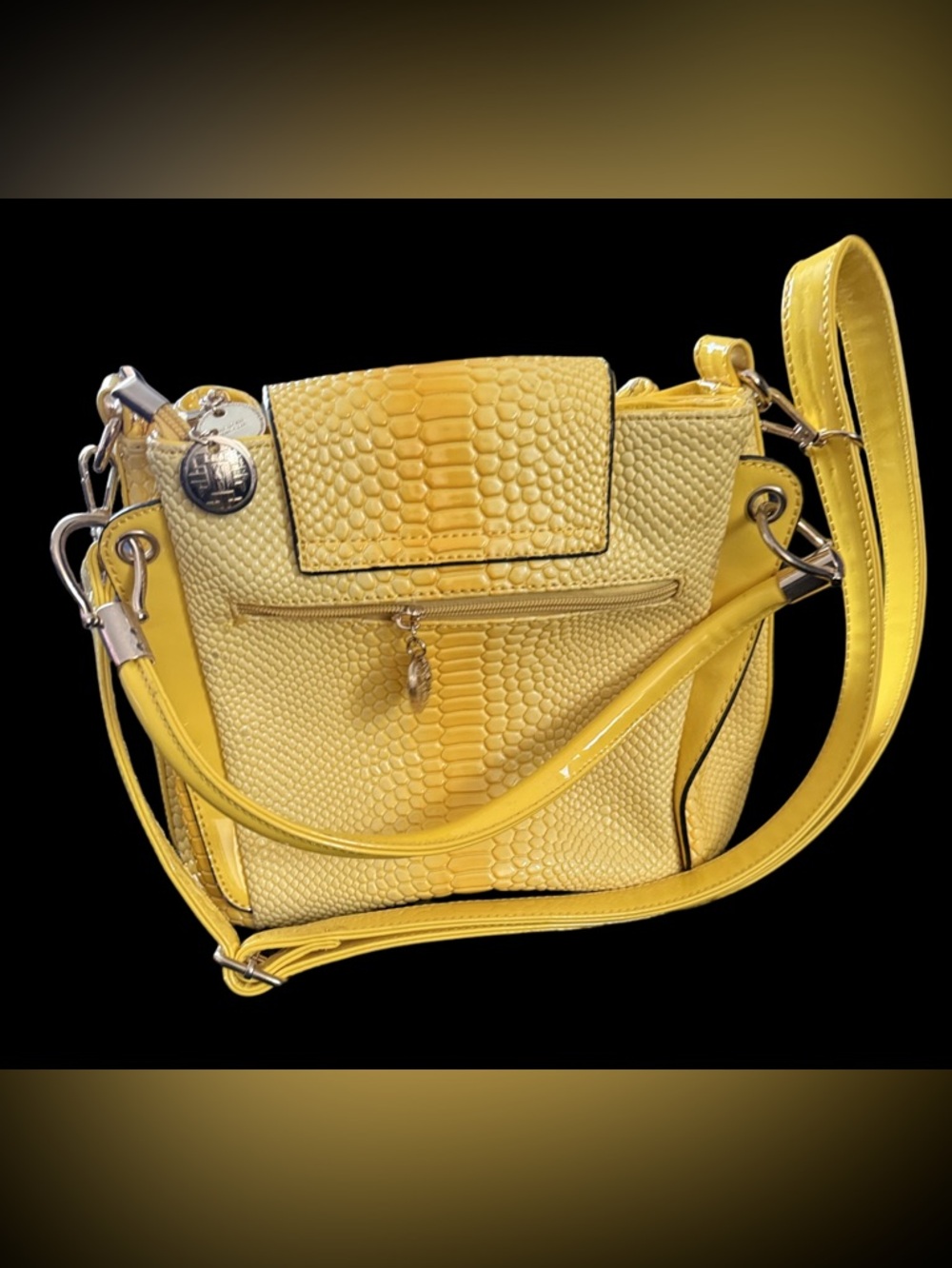 Haiying Snider Bright Yellow Snake Embossed Faux Leather Satchel Shoulder Bag - Picture 3 of 14